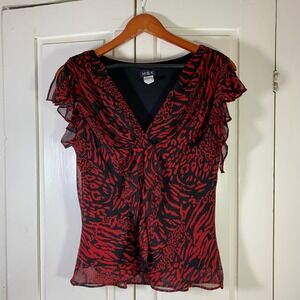MSK Y2K Red Black Animal Print Blouse Large Ruffle Sheer Flutter Sleeve USA READ